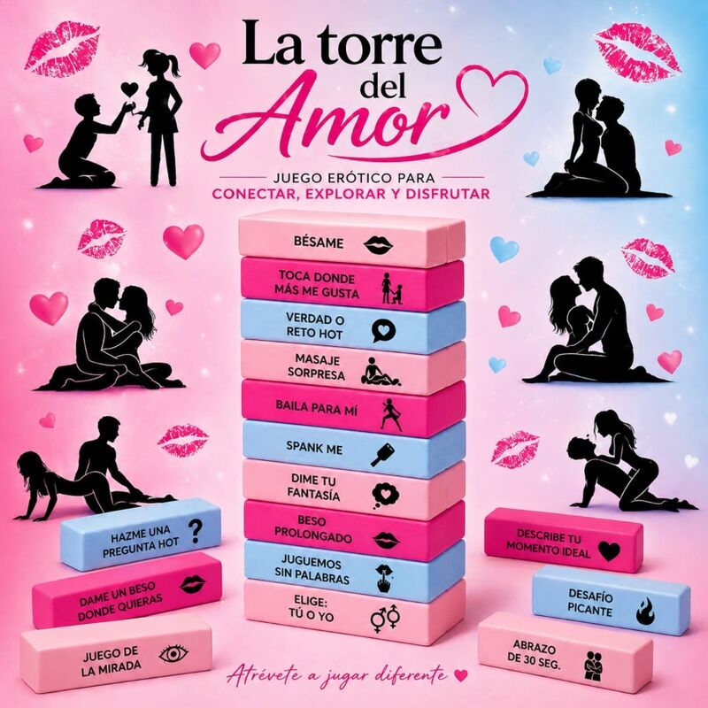 Jogo Torre do Amor Diablo Picante com 48 blocos de madeira e acessórios