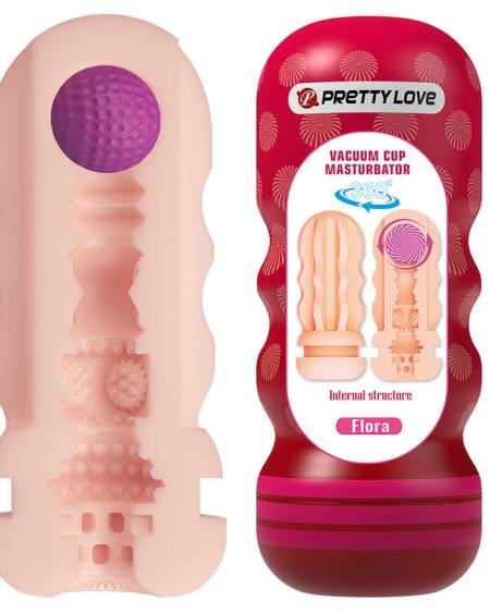 Masturbador masculino Pretty Love Flora com ventosa e texturas internas, em tons vermelho e cor de pele