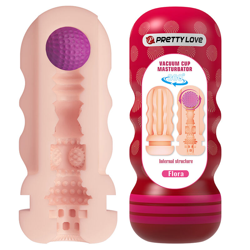Masturbador masculino Pretty Love Flora com ventosa e texturas internas, em tons vermelho e cor de pele