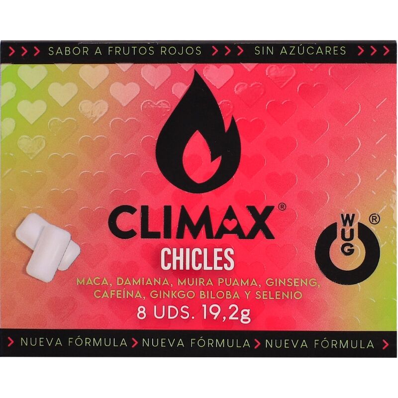 Embalagem de pastilhas elásticas WUG GUM Climax com cafeína, selénio e ingredientes vegetais