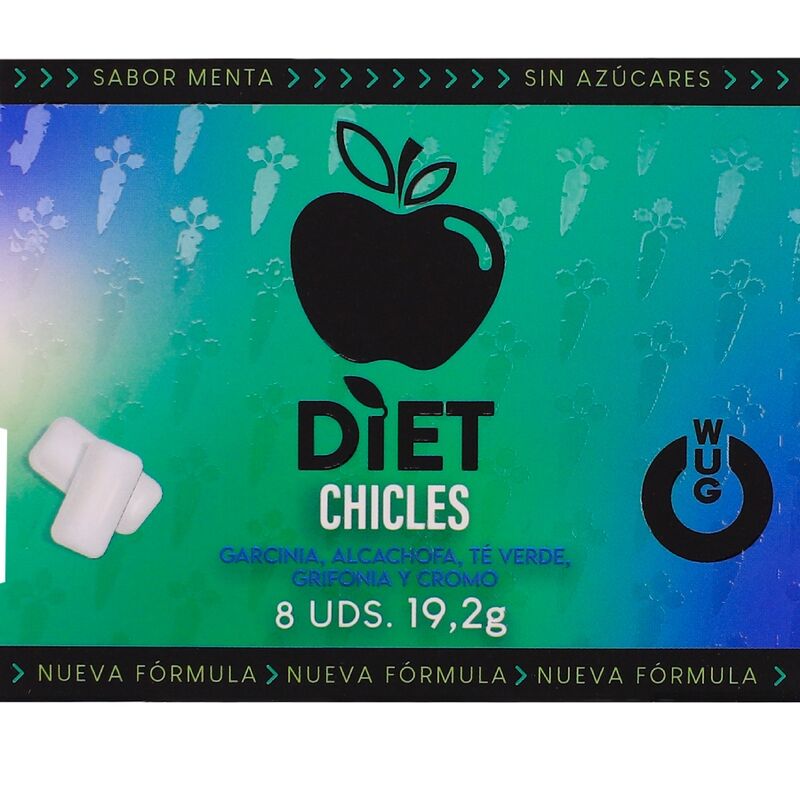 Pastilhas elásticas WUG Diet de menta, embalagem com 8 unidades