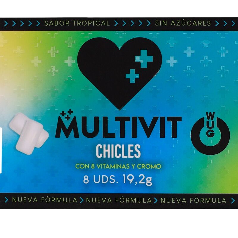 Embalagem de pastilhas elásticas WUG GUM Multivit com vitaminas e sabor tropical