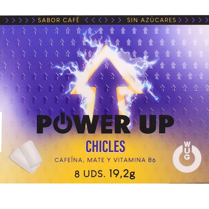 Embalagem de pastilhas elásticas WUG GUM Power Up com cafeína e sabor a café