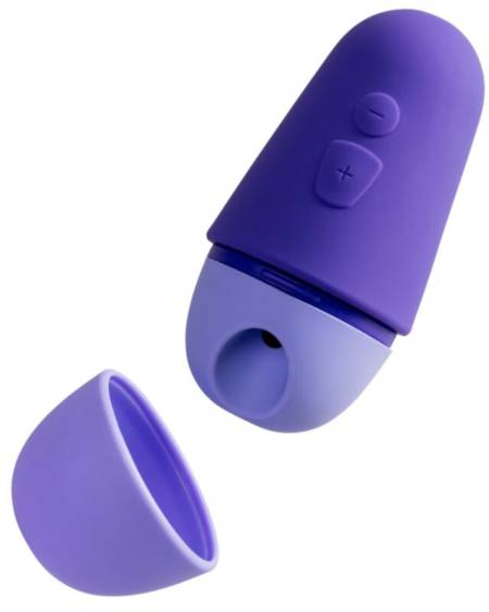 Estimulador de clitóris ROMP Free X roxo com tampa protetora.