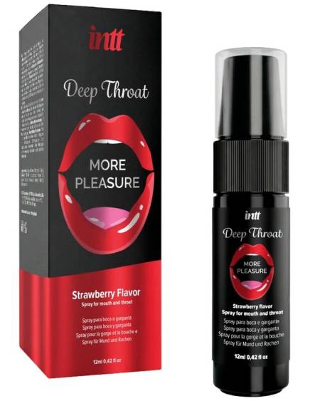 Spray oral INTT Deep Throat More Pleasure com sabor a morango, em embalagem de 12 ml