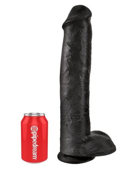 Dildo realista KING COCK preto, com veias marcadas, testículos integrados e 38 cm