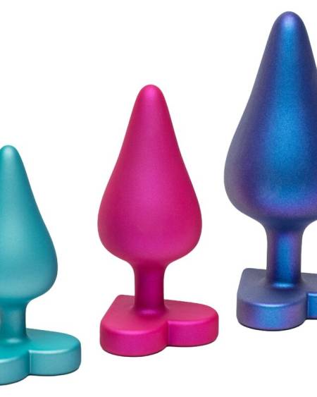 Kit de treino anal ROMP Luster com três plugs de tamanhos diferentes e bases em forma de coração
