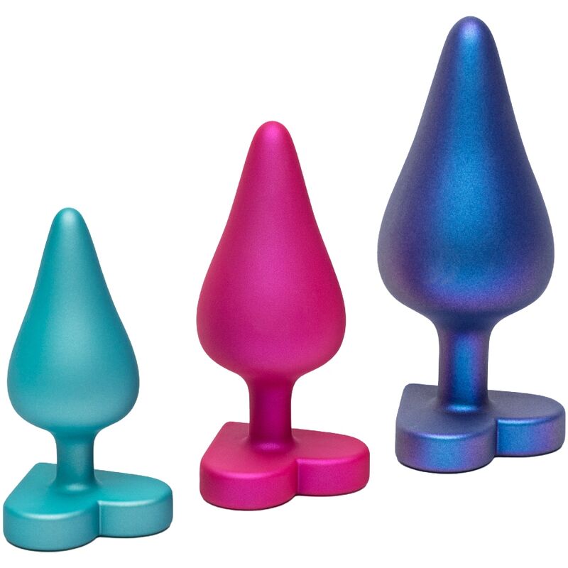 Kit de treino anal ROMP Luster com três plugs de tamanhos diferentes e bases em forma de coração