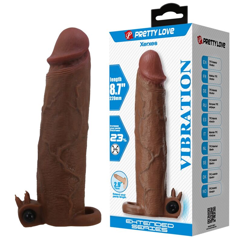 Capa vibratória para pénis Xerxes da PRETTY LOVE, castanha, com superfície texturizada e bala vibradora
