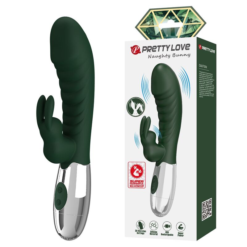 Vibrador coelho PRETTY LOVE Naughty Bunny verde, com design curvo e flexível