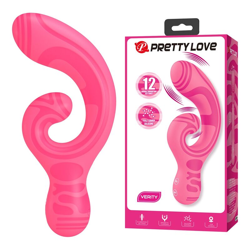 Massajador duplo PRETTY LOVE Verity rosa, com design curvo e recarga magnética USB