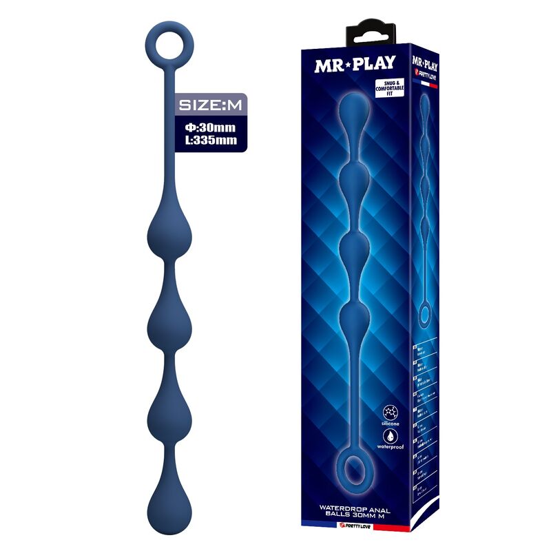 Bolas anais azuis MR PLAY em silicone, com design escalonado e anilha de extração