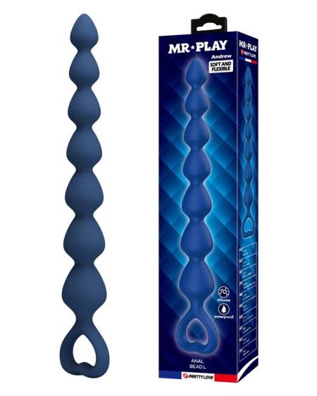 Bolas anais e plug anal MR PLAY em silicone azul, com anel de extração em forma de coração