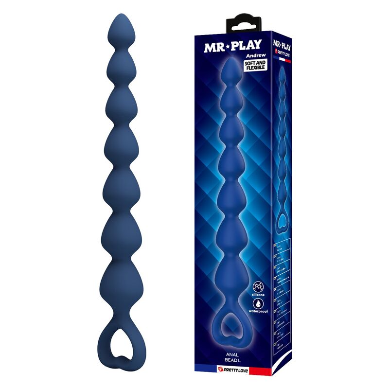 Bolas anais e plug anal MR PLAY em silicone azul, com anel de extração em forma de coração