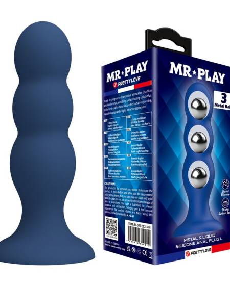 Plug anal azul MR PLAY com três bolas metálicas internas e ventosa