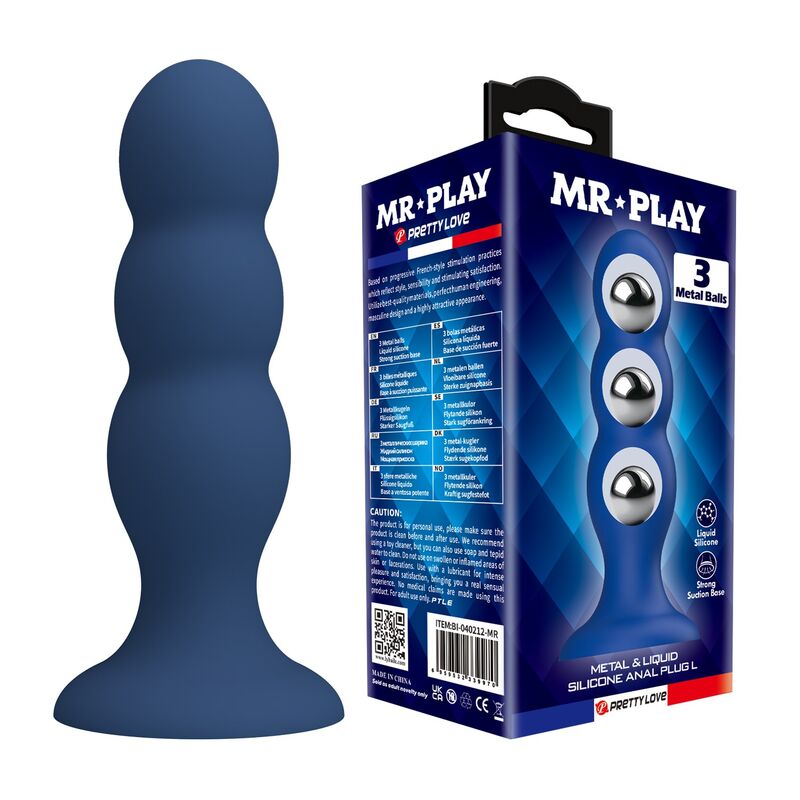 Plug anal azul MR PLAY com três bolas metálicas internas e ventosa