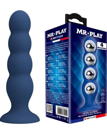 Plug anal azul MR PLAY com 4 bolas metálicas internas e ventosa