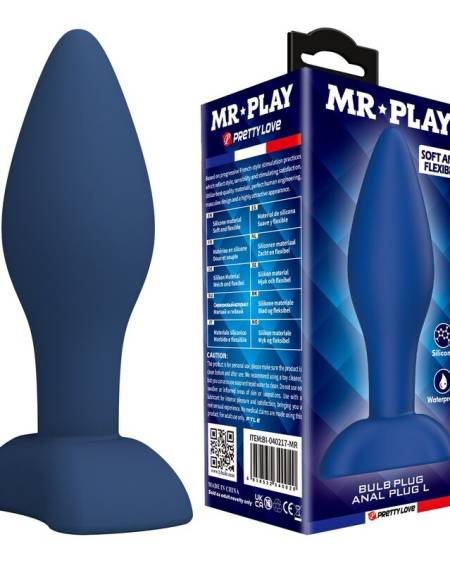 Plug anal cónico azul MR PLAY, fabricado em silicone e com base larga