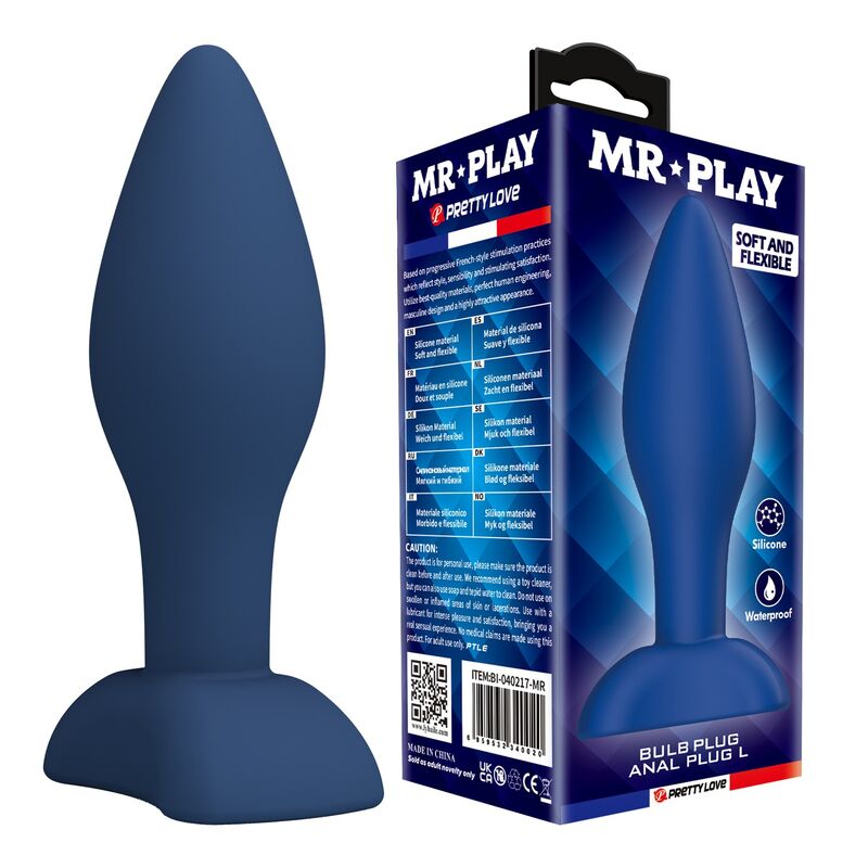 Plug anal cónico azul MR PLAY, fabricado em silicone e com base larga