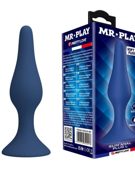 Plug anal Slim MR PLAY de silicone azul, tamanho L, com base larga