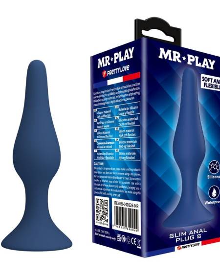 Plug anal slim MR PLAY em silicone azul, tamanho S, com base ergonómica