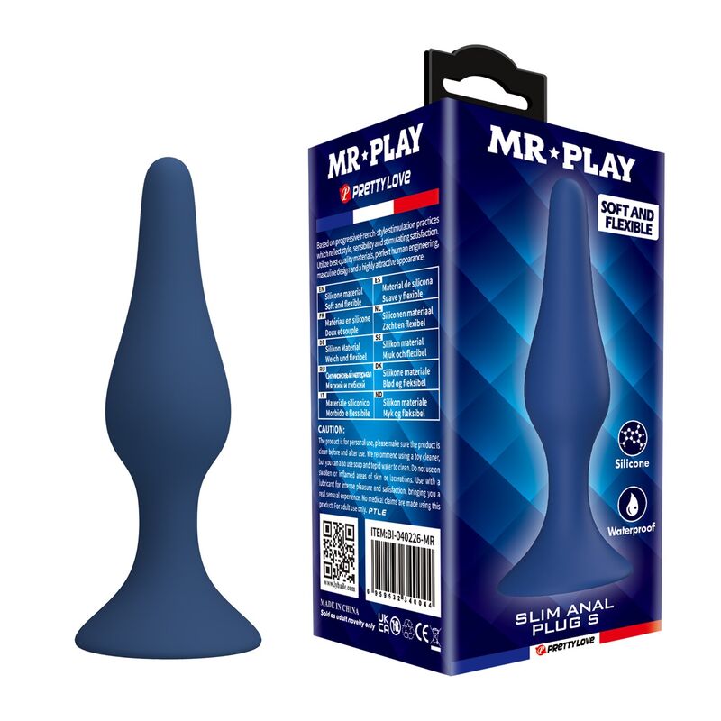 Plug anal slim MR PLAY em silicone azul, tamanho S, com base ergonómica