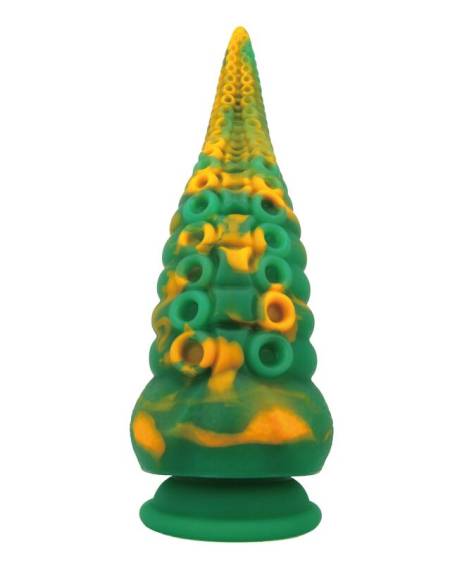 Dildo de fantasia POWER MONSTERS Abyssal Colossus bicolor, verde e amarelo, com tentáculos, relevos e ventosa na base