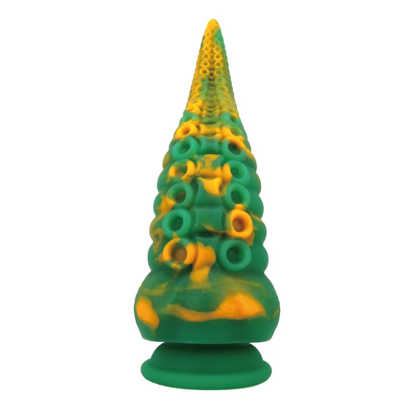Dildo de fantasia POWER MONSTERS Abyssal Colossus bicolor, verde e amarelo, com tentáculos, relevos e ventosa na base
