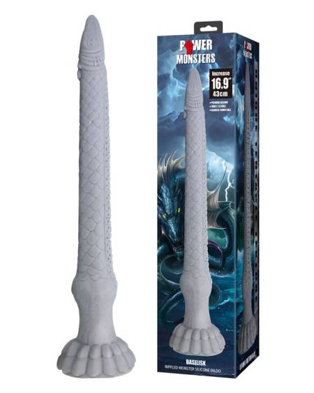 Dildo de fantasia Basilisk da POWER MONSTERS, cinzento-pedra, com 43 cm e base com ventosa