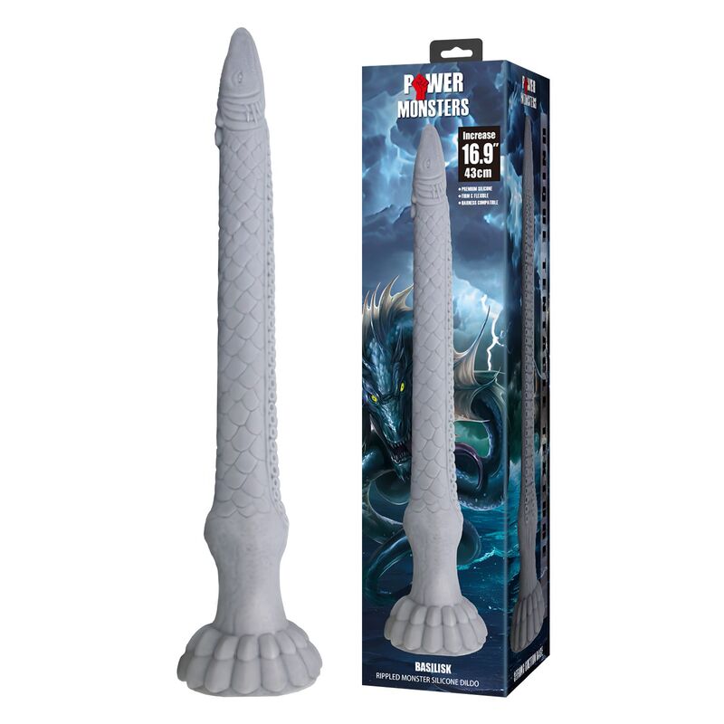 Dildo de fantasia Basilisk da POWER MONSTERS, cinzento-pedra, com 43 cm e base com ventosa