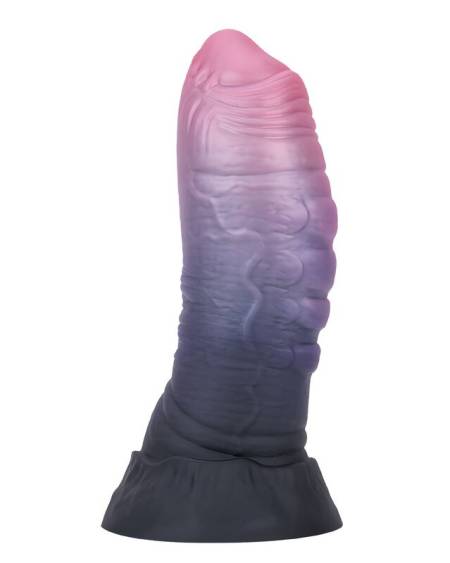 Dildo de fantasia Dreadful Fiend bicolor rosa e preto, com relevos e base com ventosa