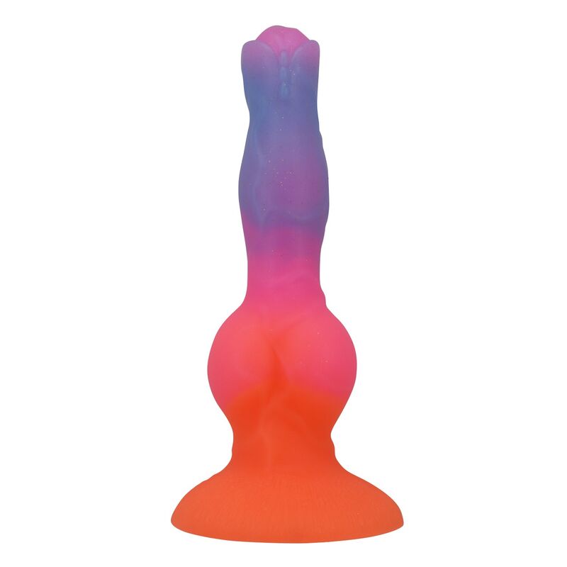 Dildo Hercules POWER MONSTERS em silicone, com ventosa e degradé laranja, rosa e azul