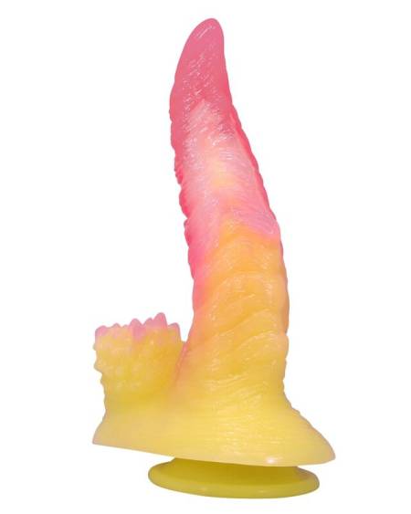 Dildo de fantasia RIPPLIED MONSTER da POWER MONSTERS, rosa e amarelo, com ventosa e relevos pronunciados