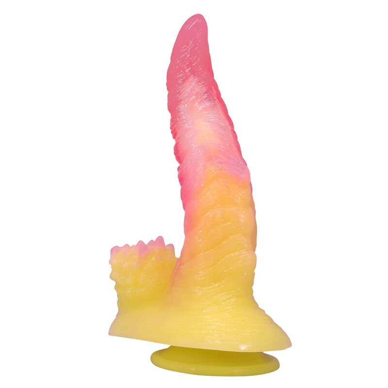 Dildo de fantasia RIPPLIED MONSTER da POWER MONSTERS, rosa e amarelo, com ventosa e relevos pronunciados