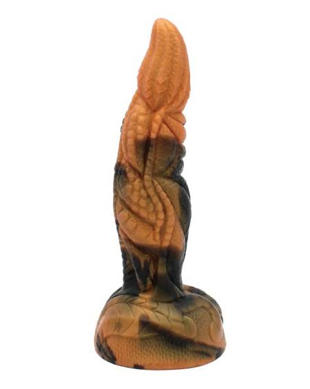 Dildo de fantasia Tyrannosaurus bicolor castanho e preto, com textura e ventosa na base