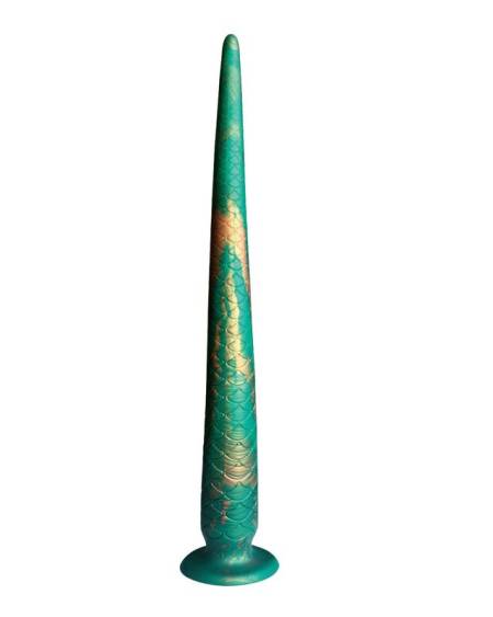 Dildo de fantasia Wildwyrm Tail bicolor verde e dourado, com textura escamada e base com ventosa