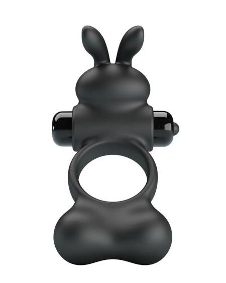 Anel vibratório preto PRETTY LOVE em silicone, com estimulador externo em forma de coelhinho
