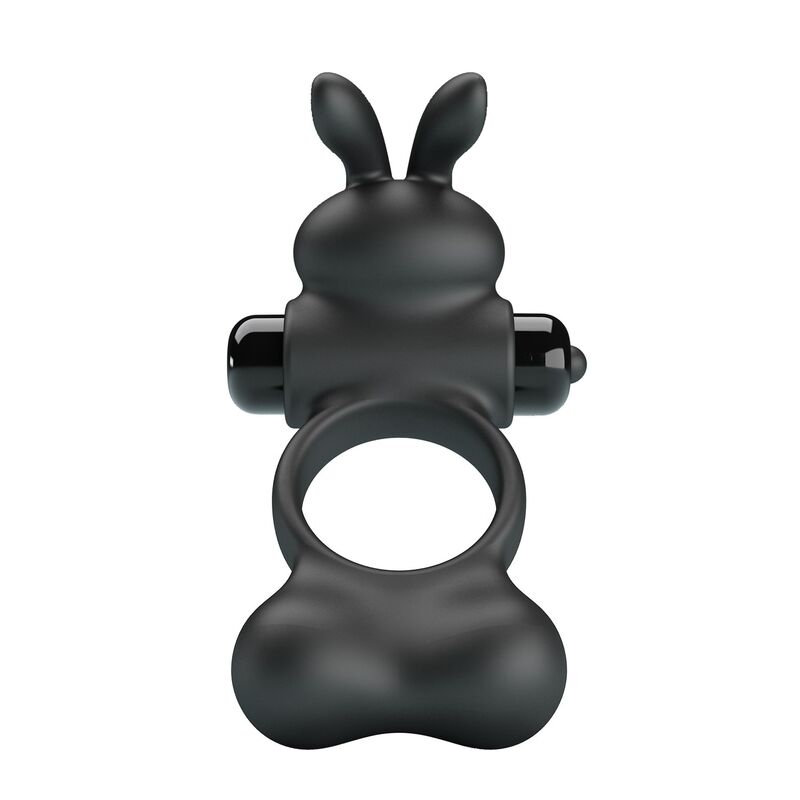Anel vibratório preto PRETTY LOVE em silicone, com estimulador externo em forma de coelhinho
