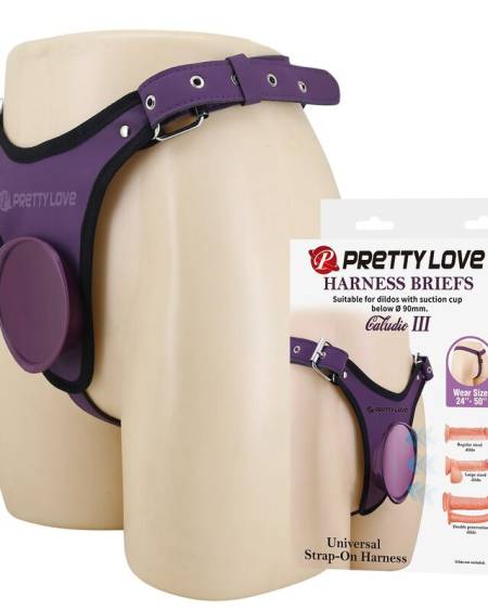 Arnês universal PRETTY LOVE tipo cueca, roxo e preto, com anilha frontal.