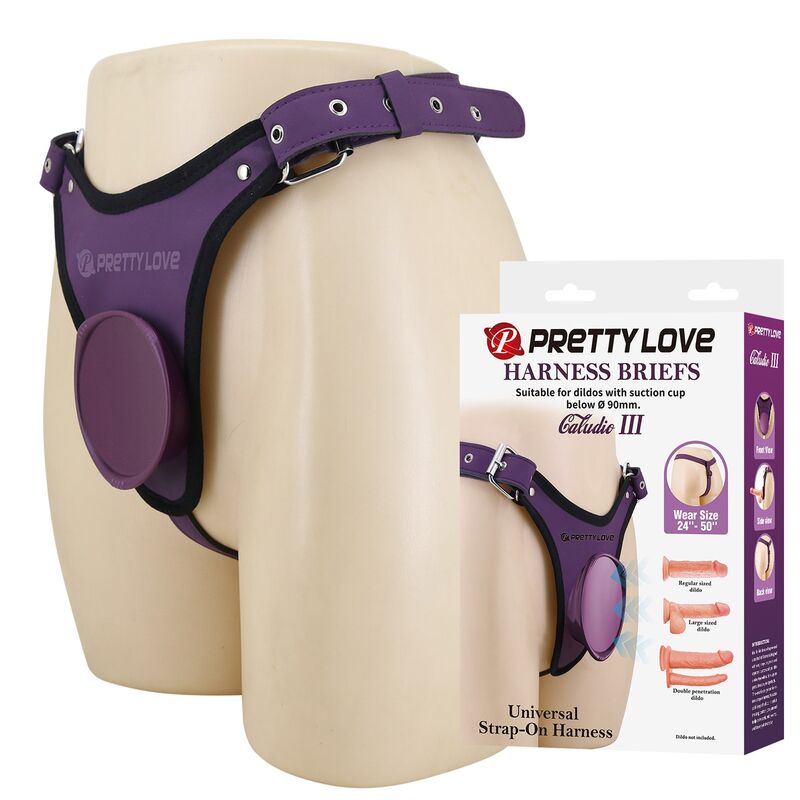 Arnês universal PRETTY LOVE tipo cueca, roxo e preto, com anilha frontal.