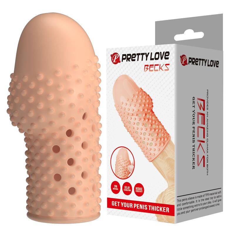 Capa para pénis PRETTY LOVE GEEK'S em cor natural e transparente, com superfície exterior texturizada