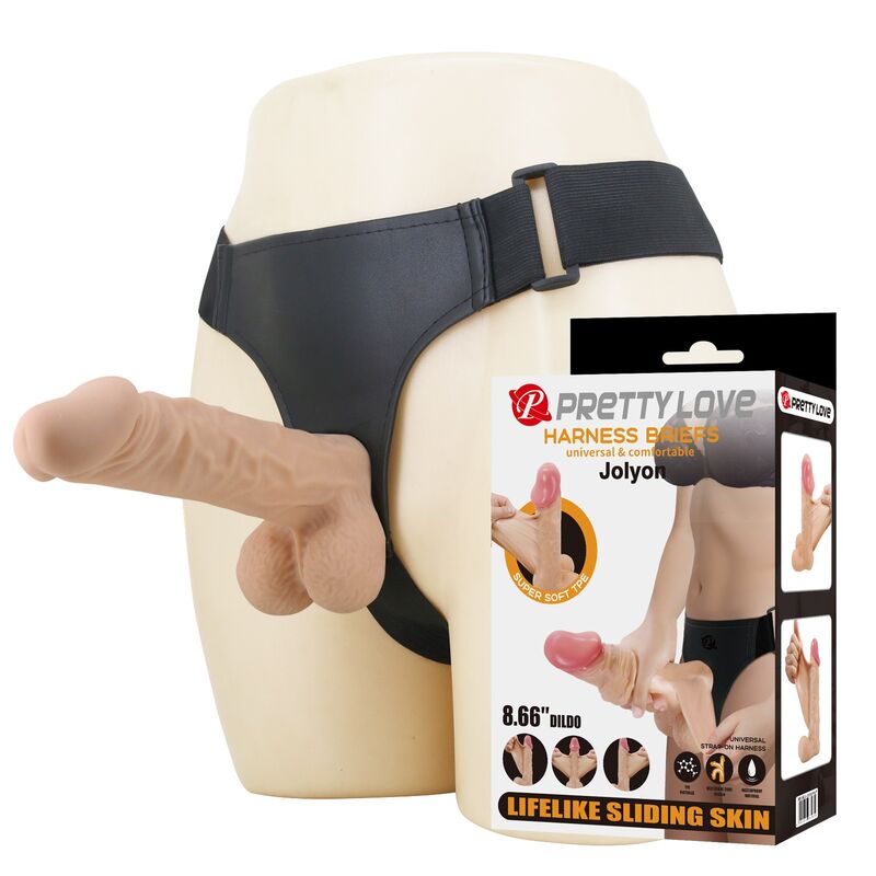 Arnês PRETTY LOVE Jolyon com dildo flexível de cor natural, 22 cm e 4,8 cm de diâmetro