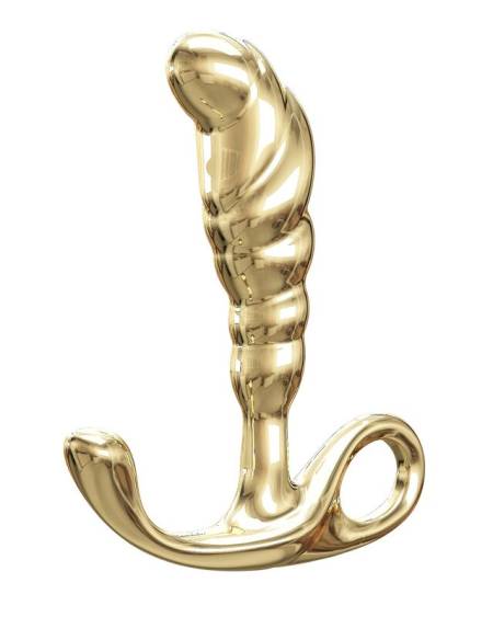 Massajador de próstata PRETTY LOVE JACK dourado em liga de zinco, com design curvo e base larga.