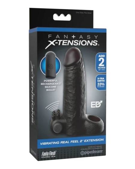 Capa extensora vibratória Real Feel preta da FANTASY X-TENSIONS, com aro para os testículos.