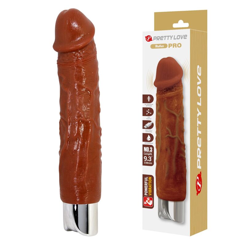 Vibrador realista PRETTY LOVE PRO castanho, com 23,5 cm e relevo detalhado