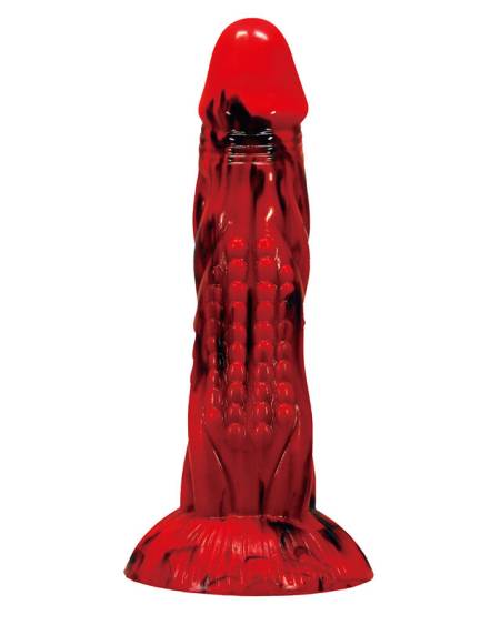 Dildo de fantasia Minotaur POWER MONSTERS em vermelho e preto, com ventosa e relevos pronunciados