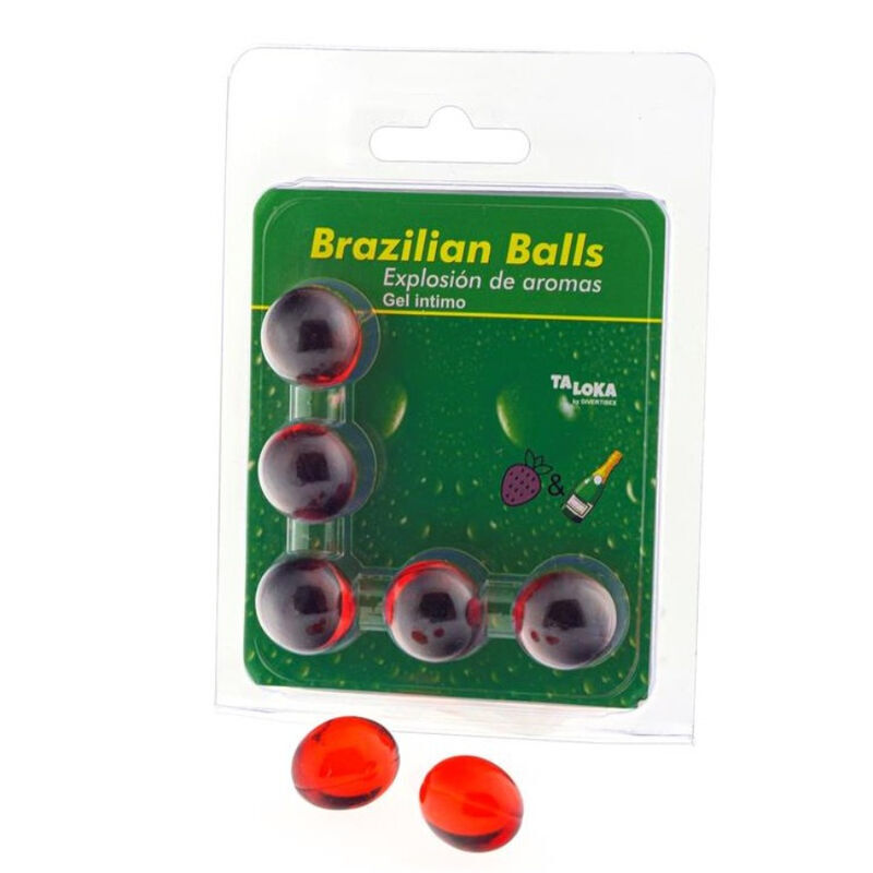 Pack de 5 bolas brasileiras gel íntimo com aroma a fresas e champan.