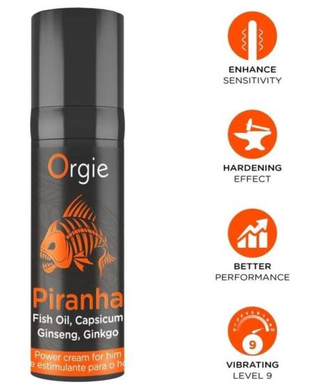 Creme potenciador masculino ORGIE Piranha, embalagem de 15 ml