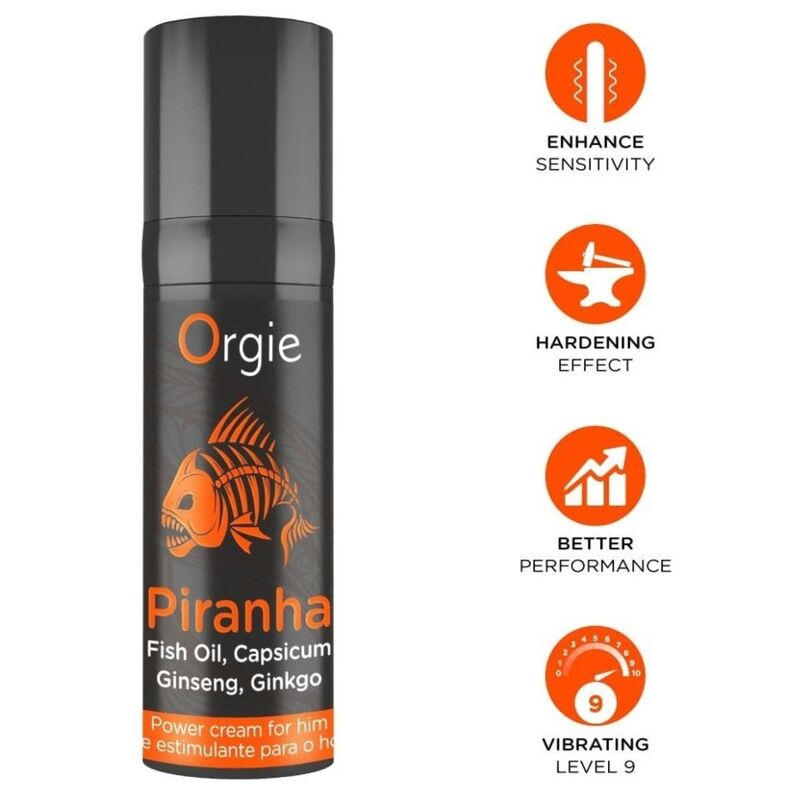Creme potenciador masculino ORGIE Piranha, embalagem de 15 ml