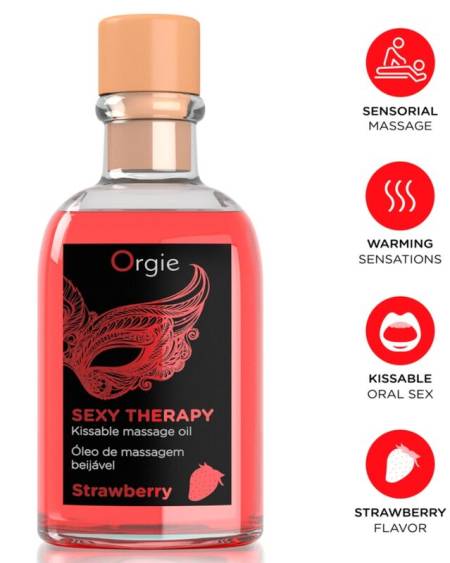 Kit de massagem ORGIE Lips com óleo beijável de morango de 100 ml, pluma e guia de massagem